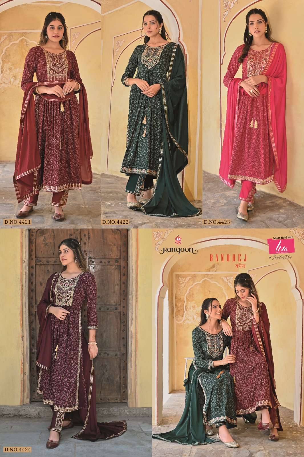 rangoon bandhej 4421-4424 series fancy look kurtis catalogue wholesale price surat