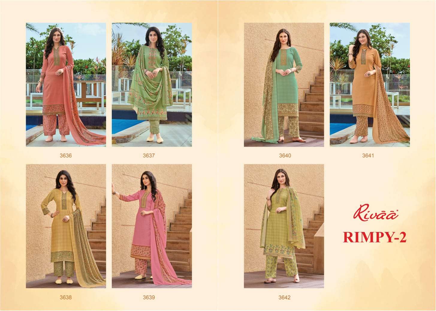 rivaa exports rimpy vol-2 3636-3642 series unstitched designer salwar kameez catalogue design 2023
