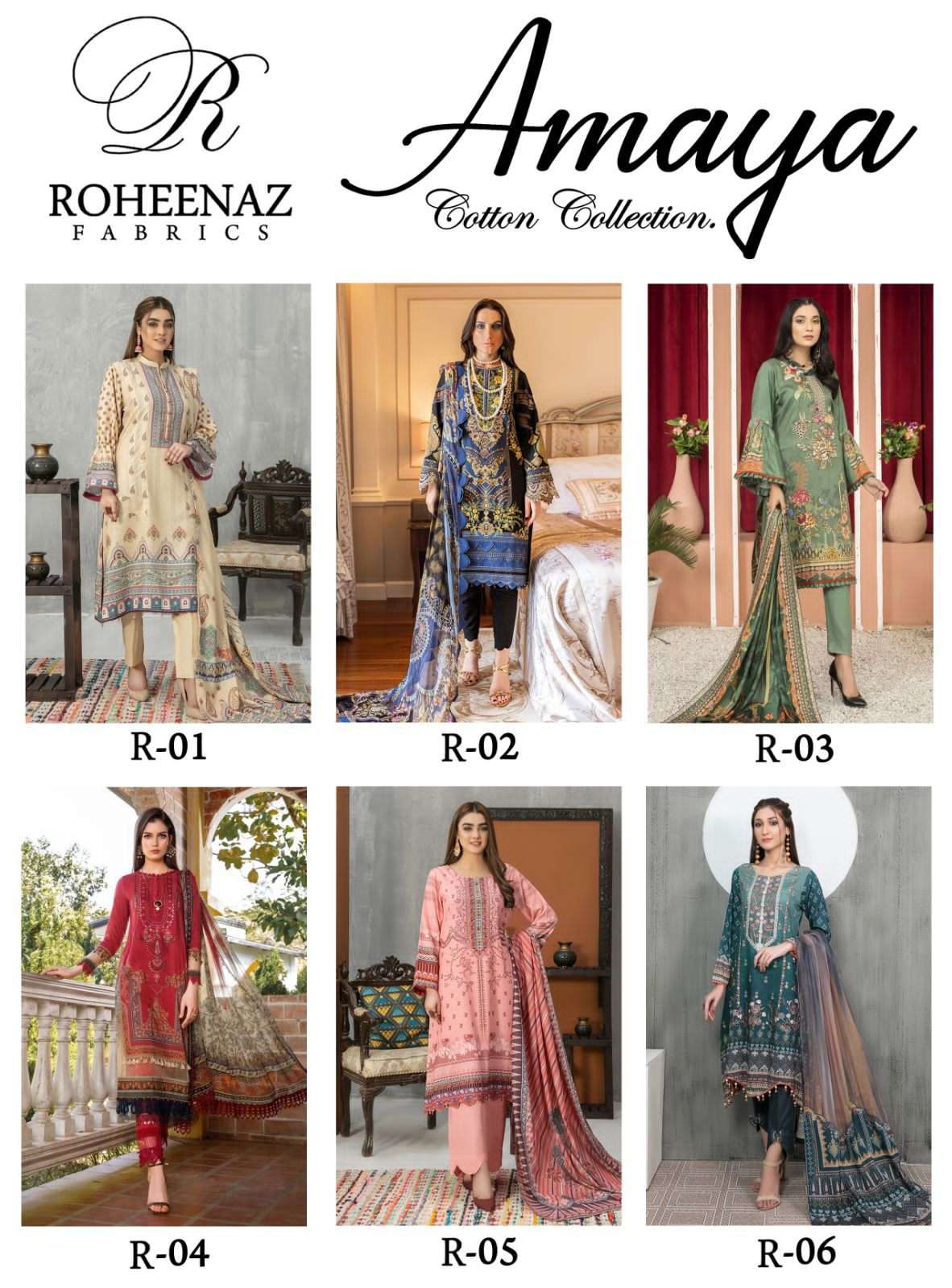 roheenaz fabrics amaya 1-6 series pure cotton designer dress material catalogue wholesaler surat