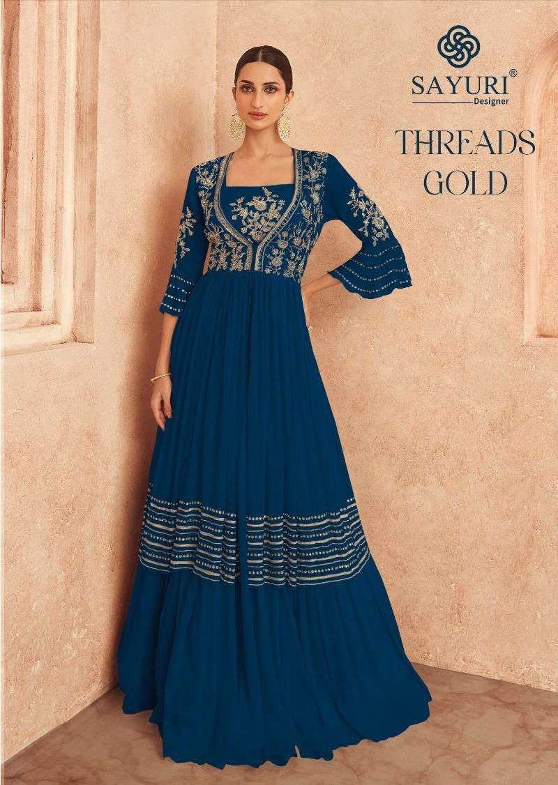 sayuri designer threads gold 5227 series stylish designer long dress catalogue online dealer surat
