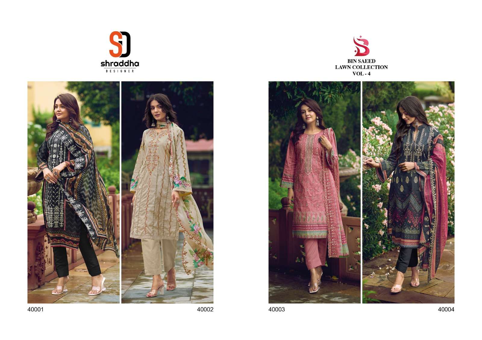 shraddha designer bin saeed vol-4 40001-40004 series lawn cotton designer salwar suits wholesale price surat