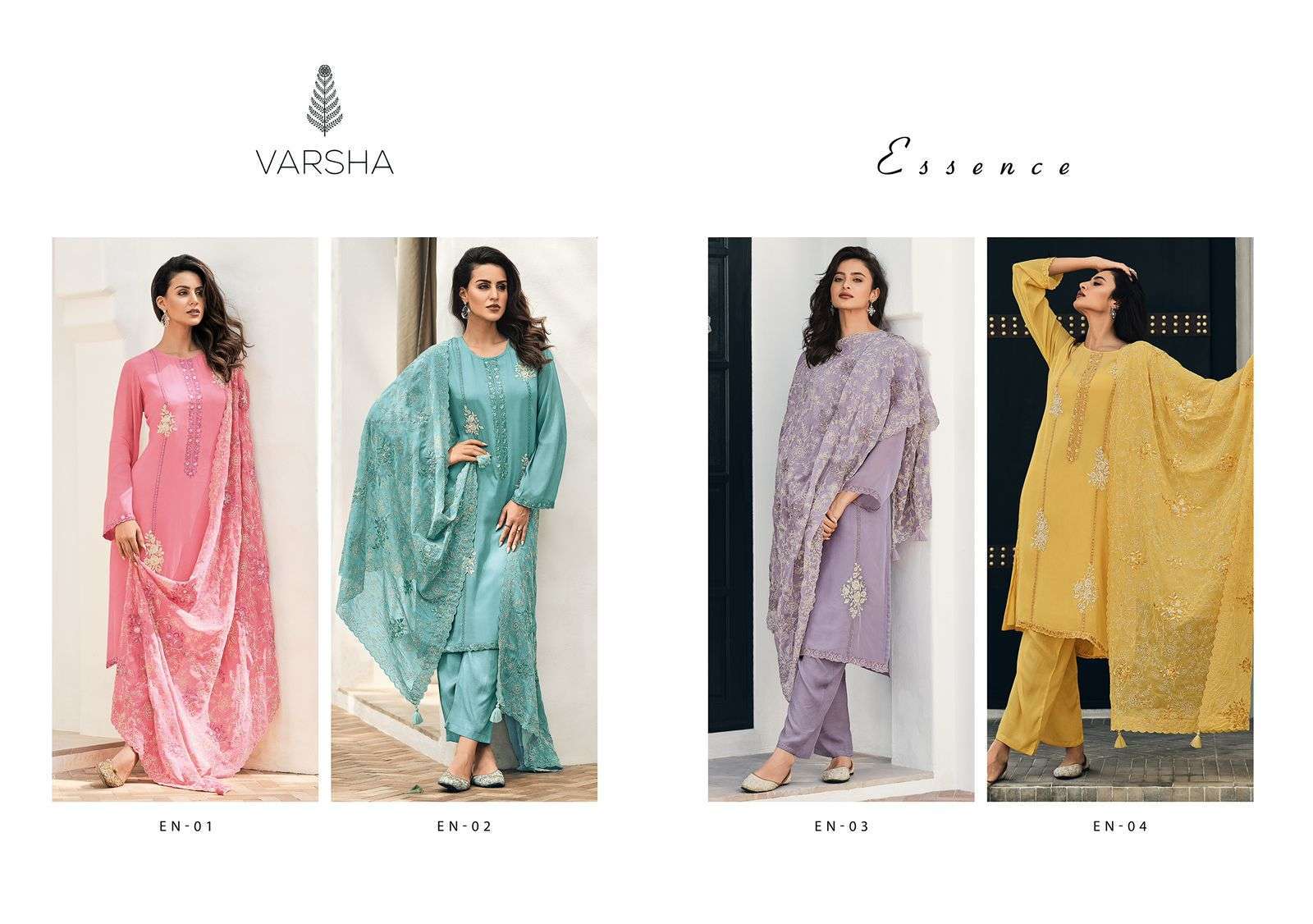 varsha fashion essence 01-04 series indian designer salwar kameez catalogue wholesaler surat