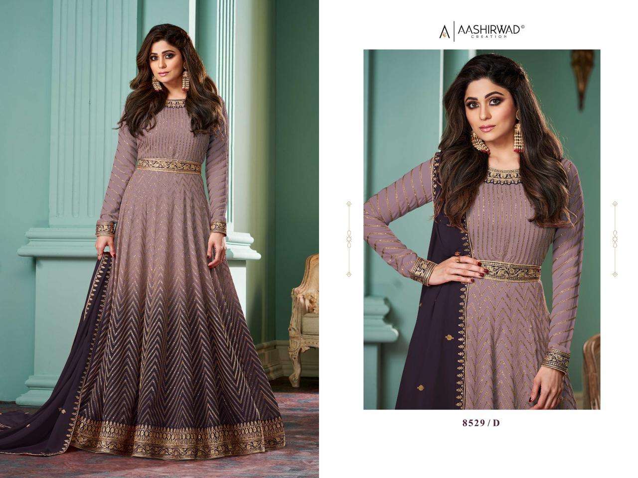 aashirwad creation alizza shaded 8529 series real georgette designer dress catalogue online dealer surat 