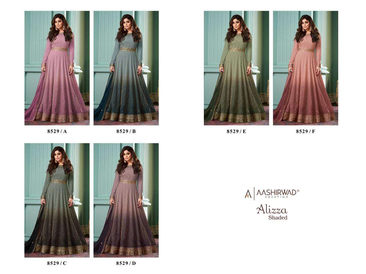 aashirwad creation alizza shaded 8529 series real georgette designer dress catalogue online dealer surat 