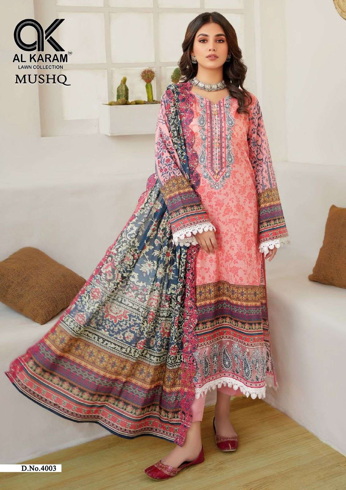 al karam mushq vol-4 4001-4008 series pure cambric collection with mal mal dupatta catalogue design 2023