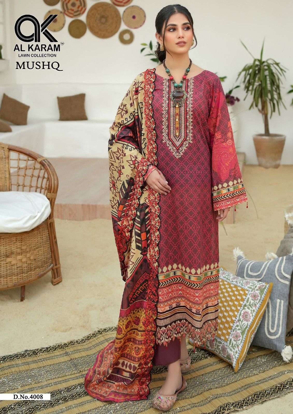 al karam mushq vol-4 4001-4008 series pure cambric collection with mal mal dupatta catalogue design 2023