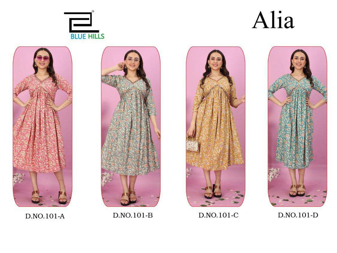 bluehills alia 101 series rayon designer kurti catalogue online wholesaler surat