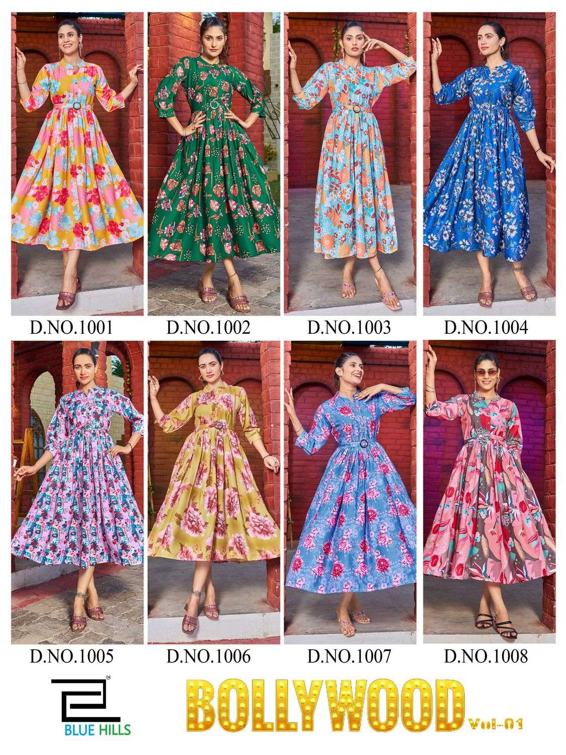 bluehills bollywood vol-1 1001-1008 series latest designer gown catalogue wholesale price surat