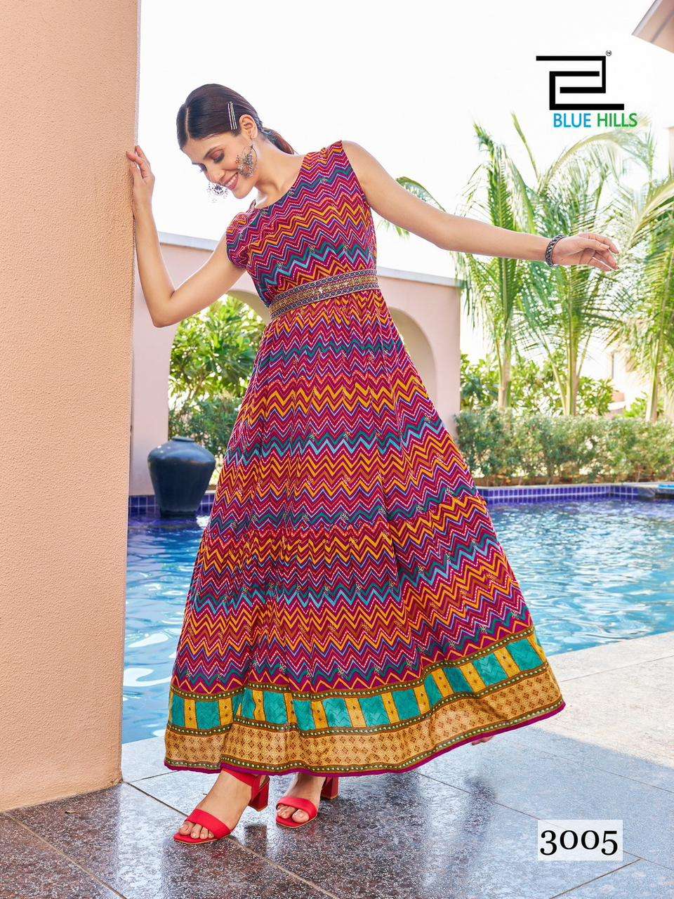 bluehills raksha bandhan vol-3 3001-3005 series gown style designer long kurtis catalogue wholesale surat