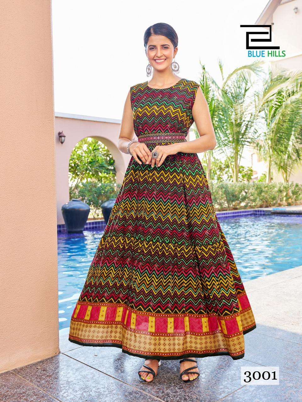 bluehills raksha bandhan vol-3 3001-3005 series gown style designer long kurtis catalogue wholesale surat
