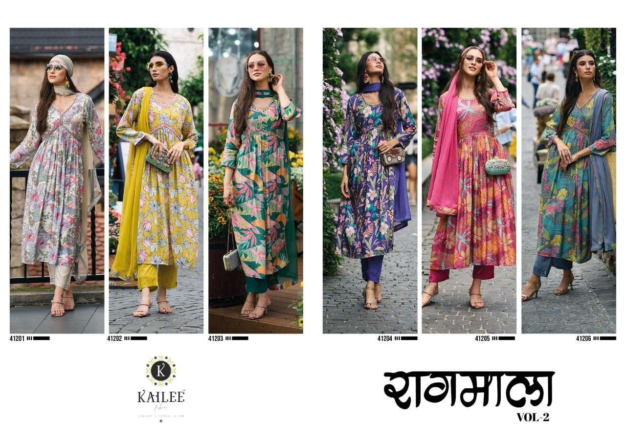 kailee fashion ragmala vol-2 41201-41206 series viscose muslin designer nayra cut kurtis wholesale surat