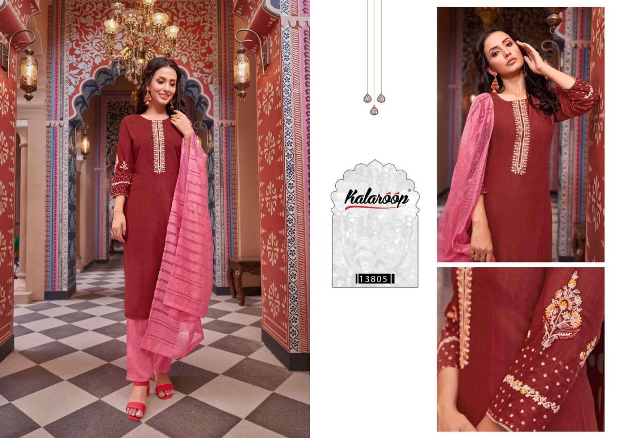 kalaroop kalindi 13800-13805 series trendy designer top bottom with dupatta catalogue design 2023