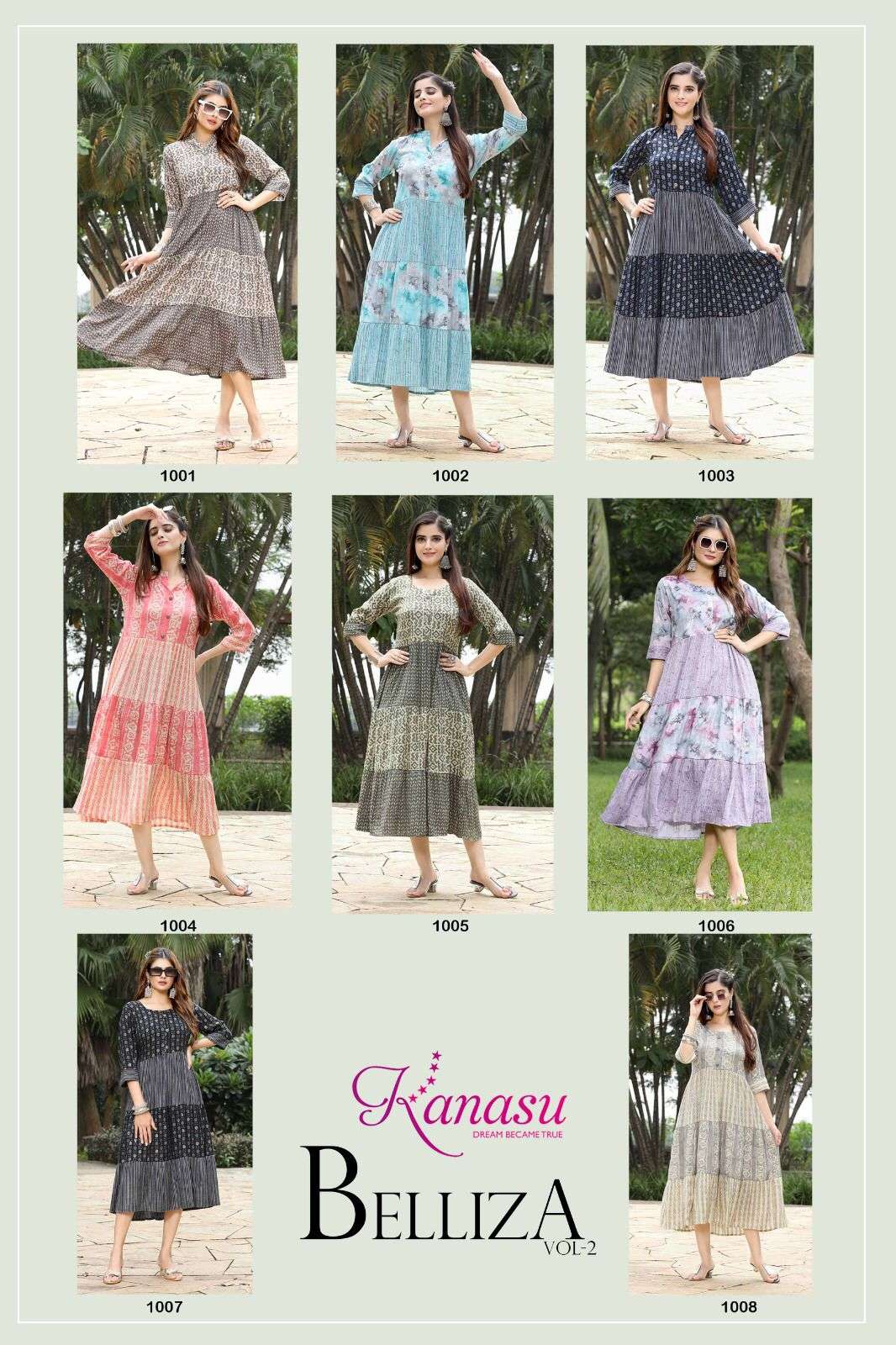 kanasu belliza vol-2 1001-1008 series latest designer long kurtis catalogue wholesaler surat