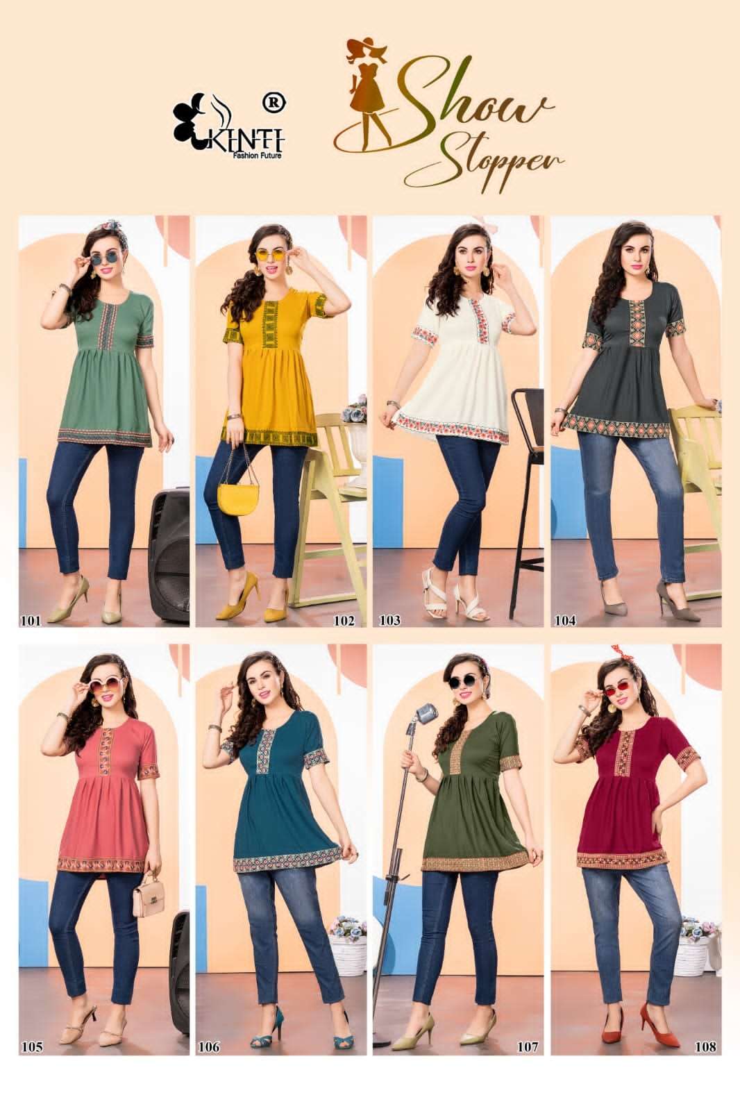 kinti fashion show stopper 101-108 series trendy designer short tops catalogue wholesale dealer surat 