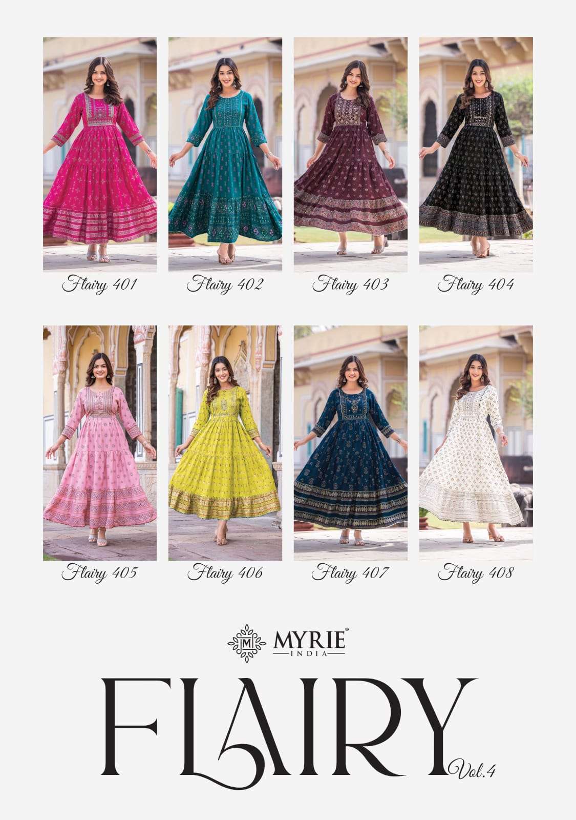 mayriee flairy vol-4 401-408 series heavy rayon printed gown catalogue collection design 2023