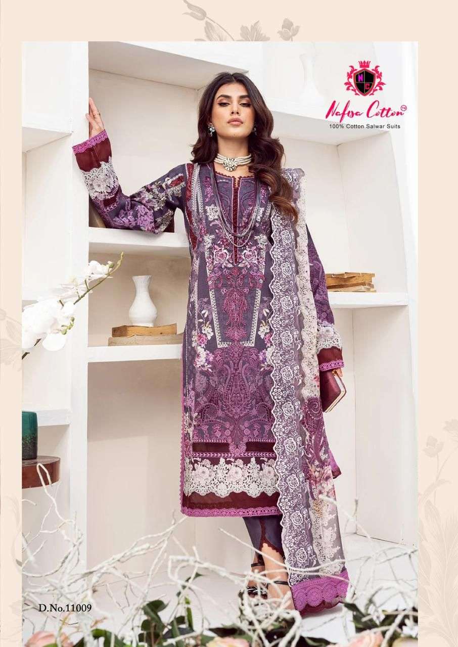 nafisa cotton sahil vol-11 11001-11010 series pure cotton designer dress material catalogue online wholesaler surat 