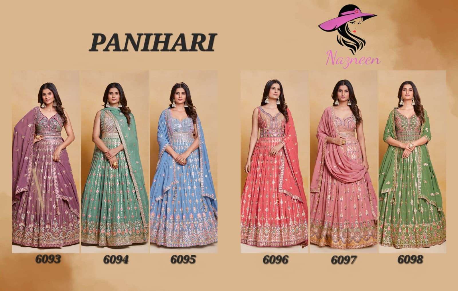 nazneen panihari 6093-6098 series latest designer party wear gown catalogue wholesale collection surat