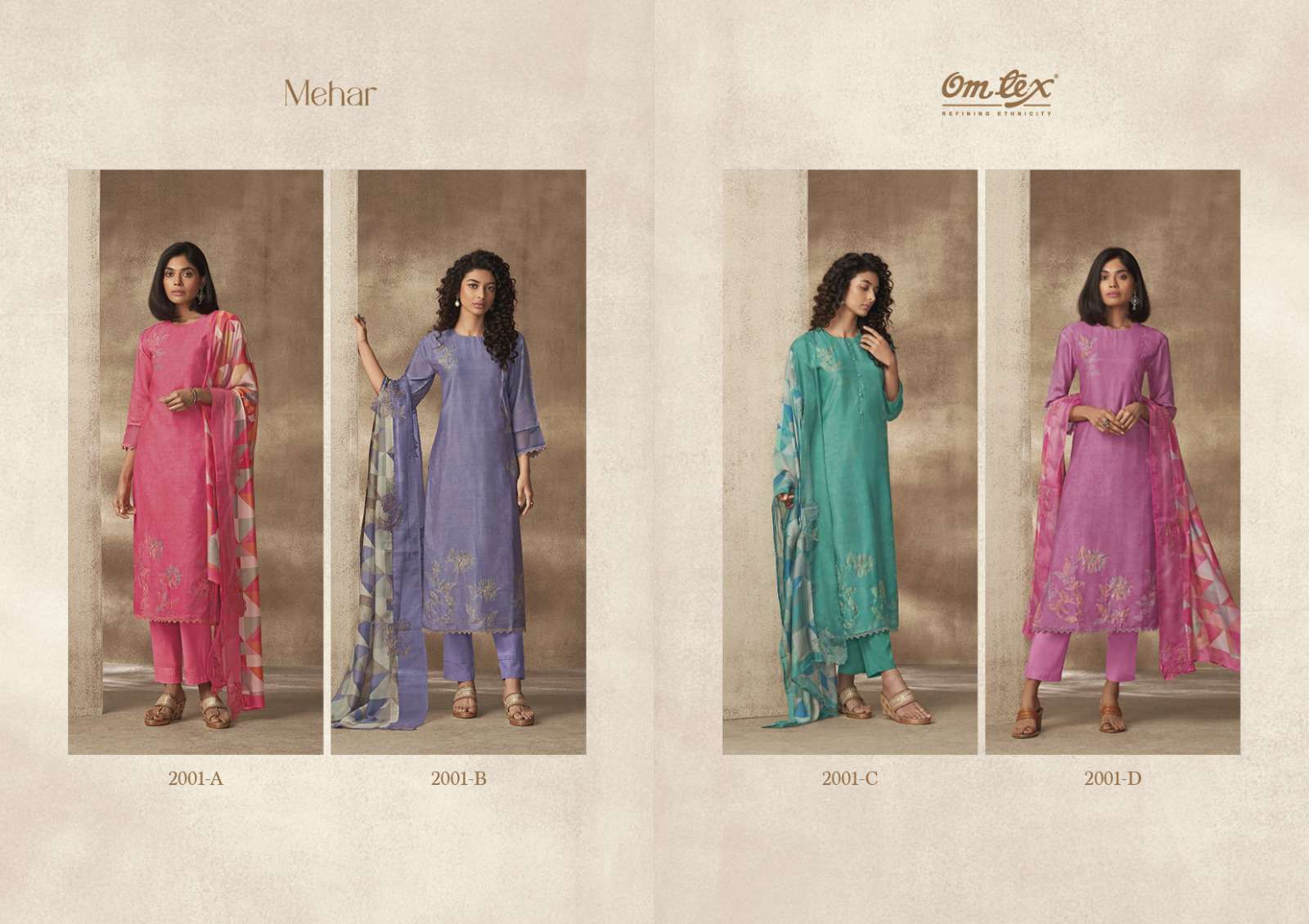 om tex meher 3001 series digital print with work designer salwar suits catalogue wholesaler surat 