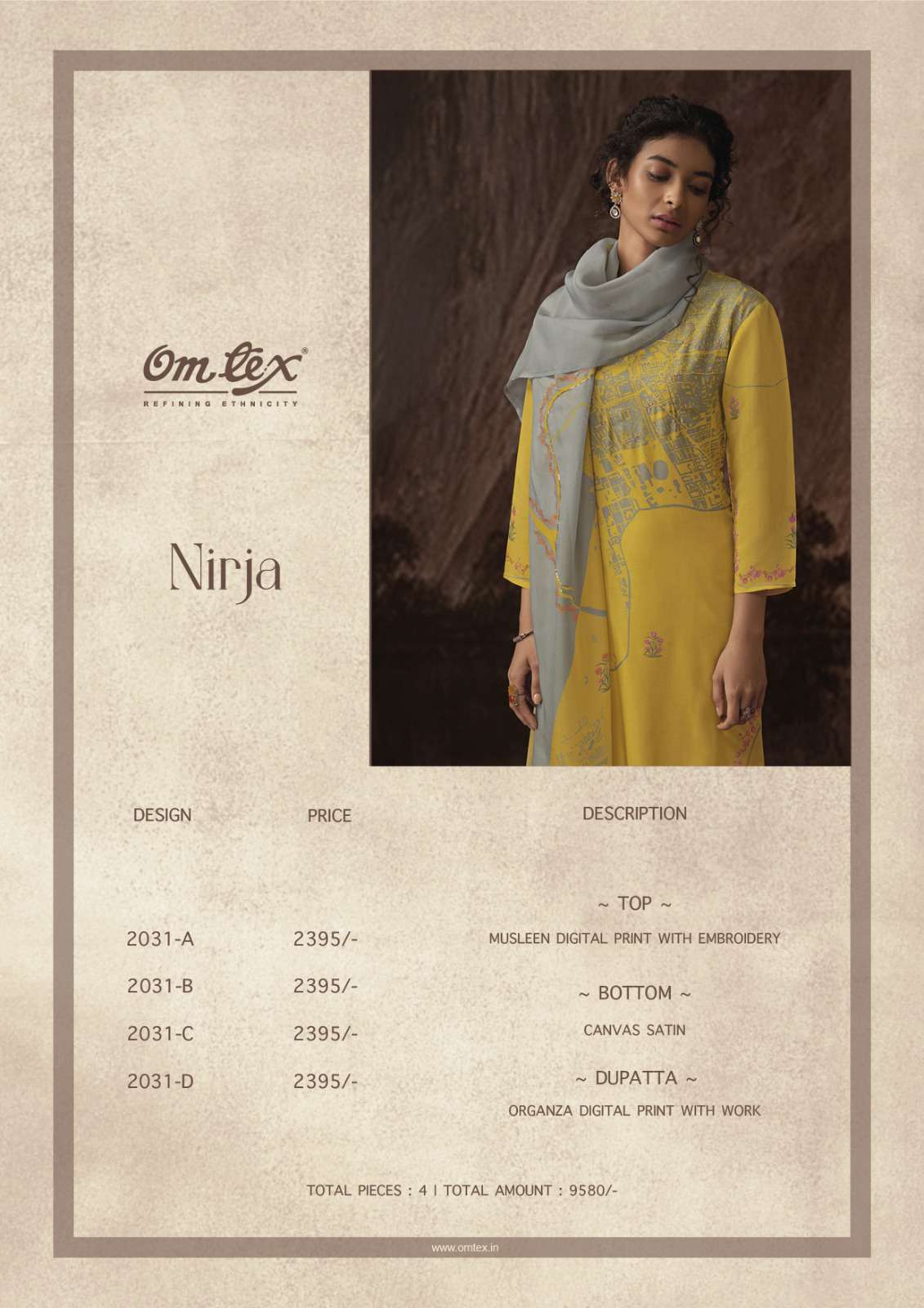 om tex nirja 2031 series digital print with work designer salwar suits catalogue wholesale price surat 