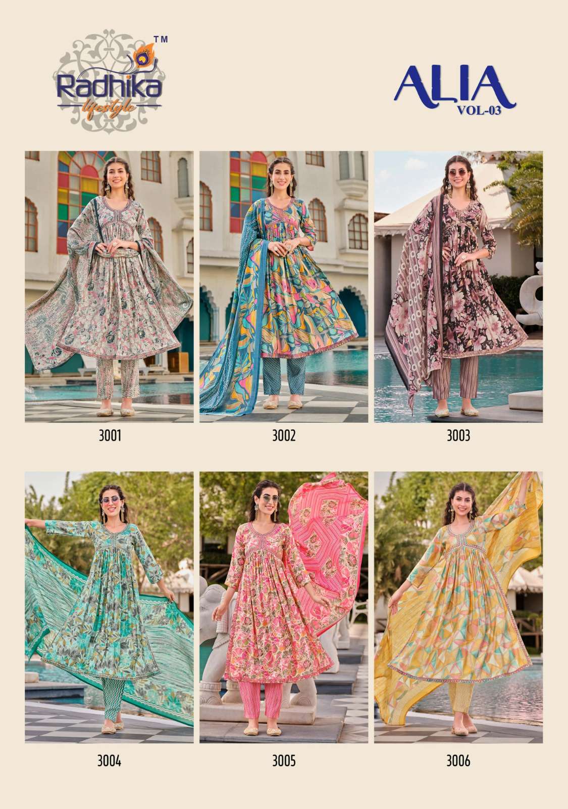 radhika lifestyle alia vol-3 3001-3006 series alia cut designer kurti catalogue online dealer surat