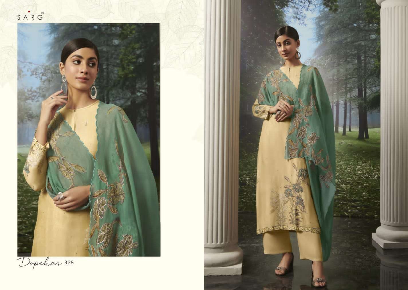 sarg dopehar muslin silk fancy designer salwar kameez catalogue online market surat