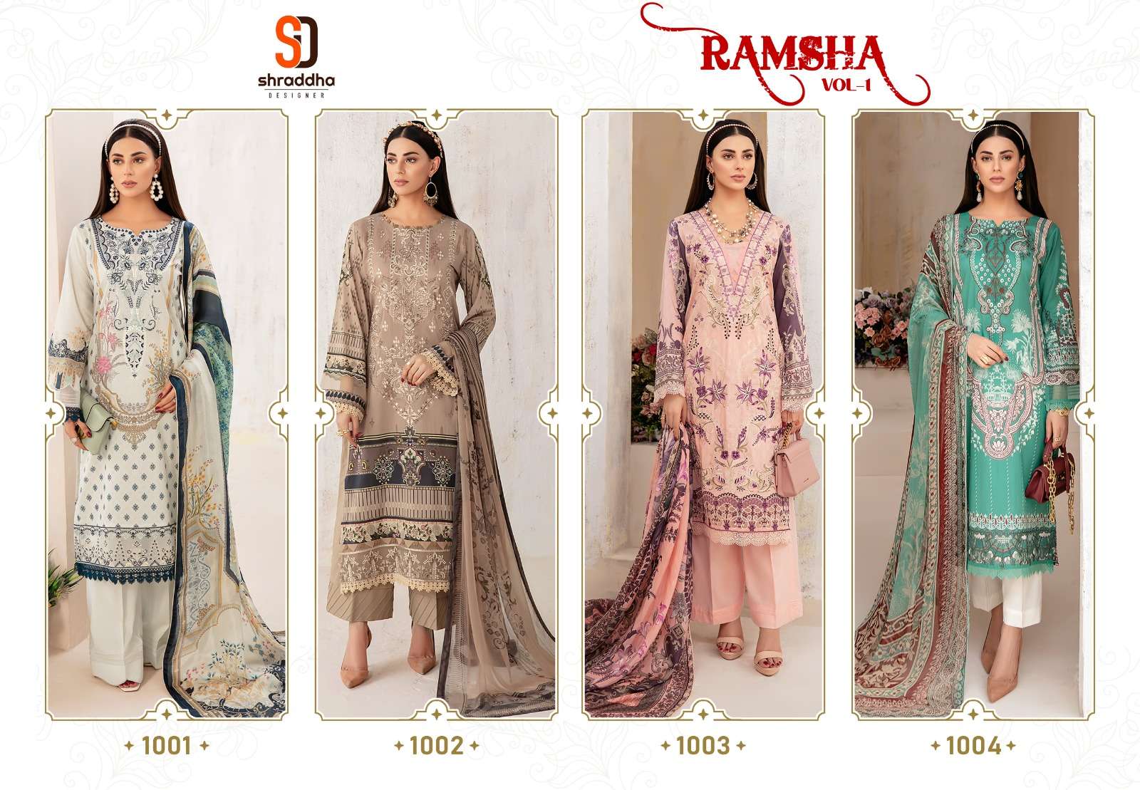 shraddha designer ramsha vol-1 1001-1004 series unstich designer pakistani salwar suits surat