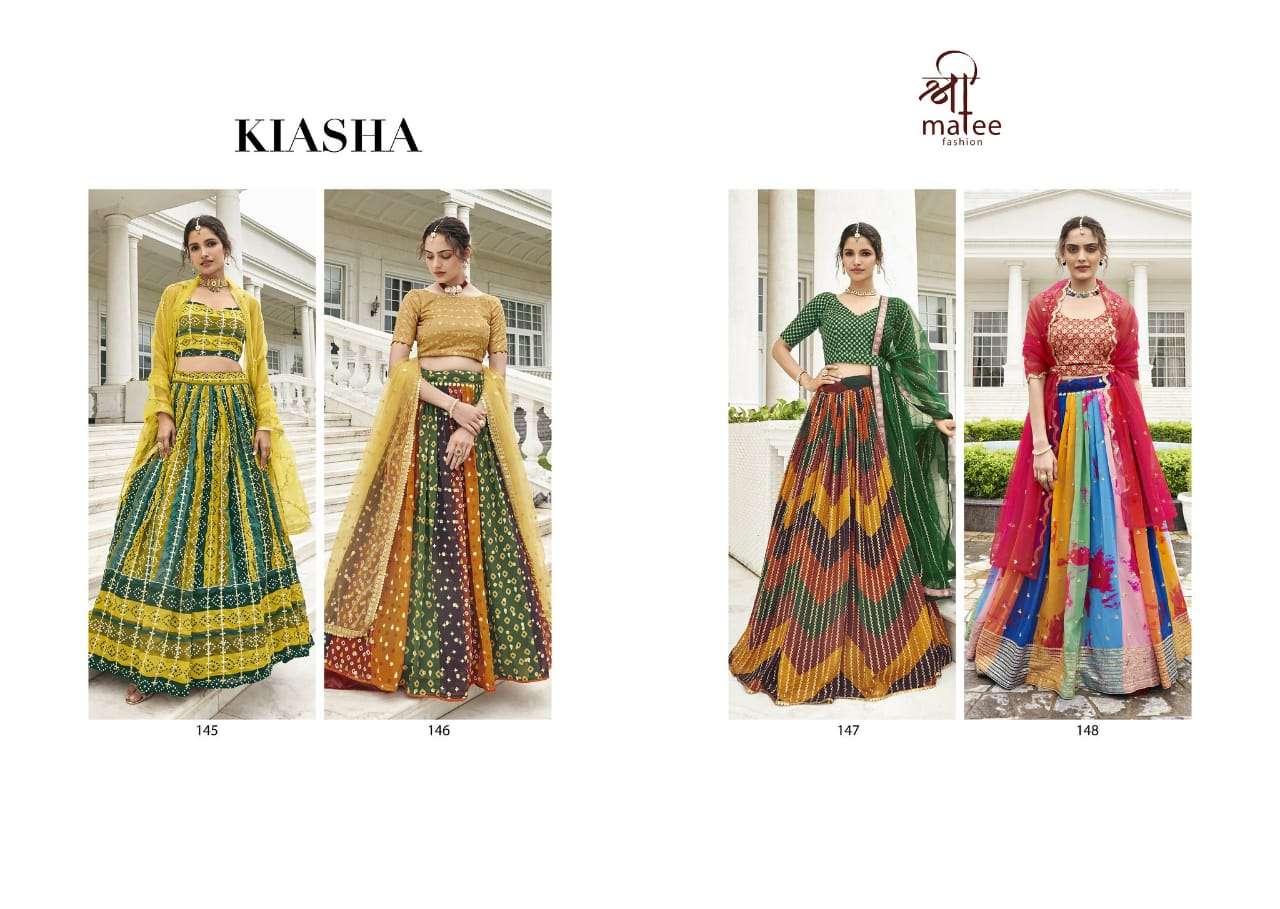 shreematee fashion kiasha 145-148 series party wear designer lehenga catalogue wholesale surat