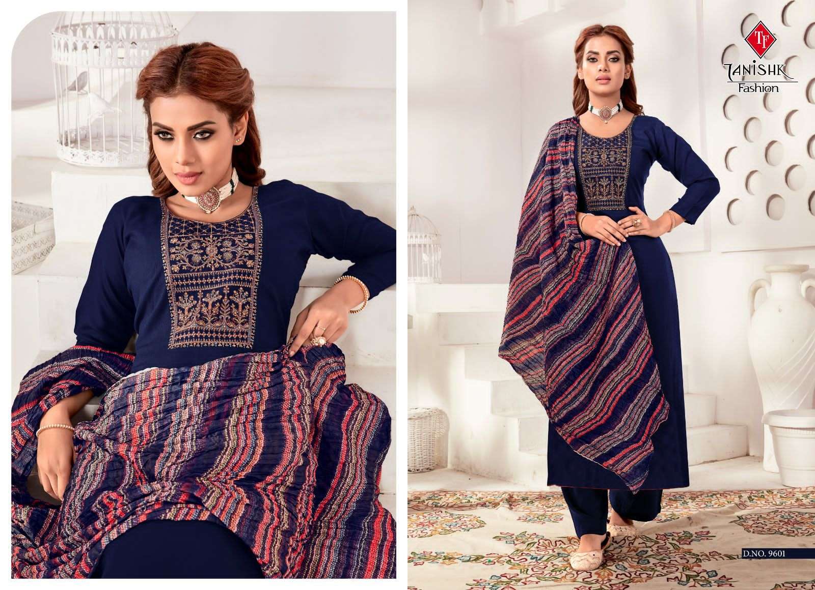 tanishk fashion azar 9601-9608 series rayon designer top bottom with chinon dupatta catalogue wholesaler surat