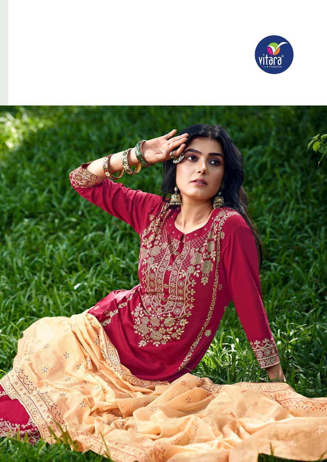 vitara fashion calisto 1001-1004 series rayon designer kurti pant with viscose chanderi dupatta online surat