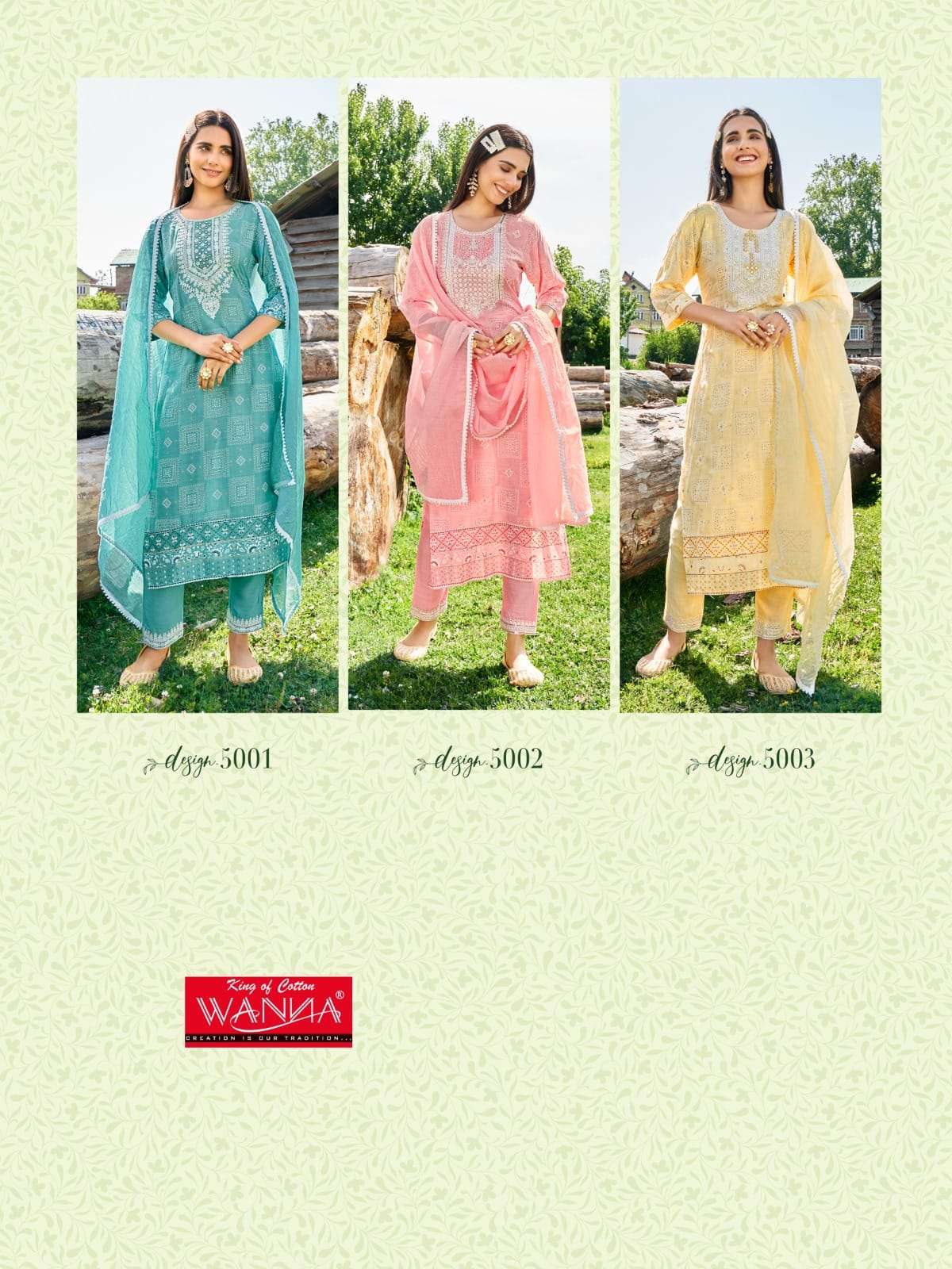 wanna amara 5001-5003 series pure rayon print kurti with pant and fancy dupatta catalogue surat 