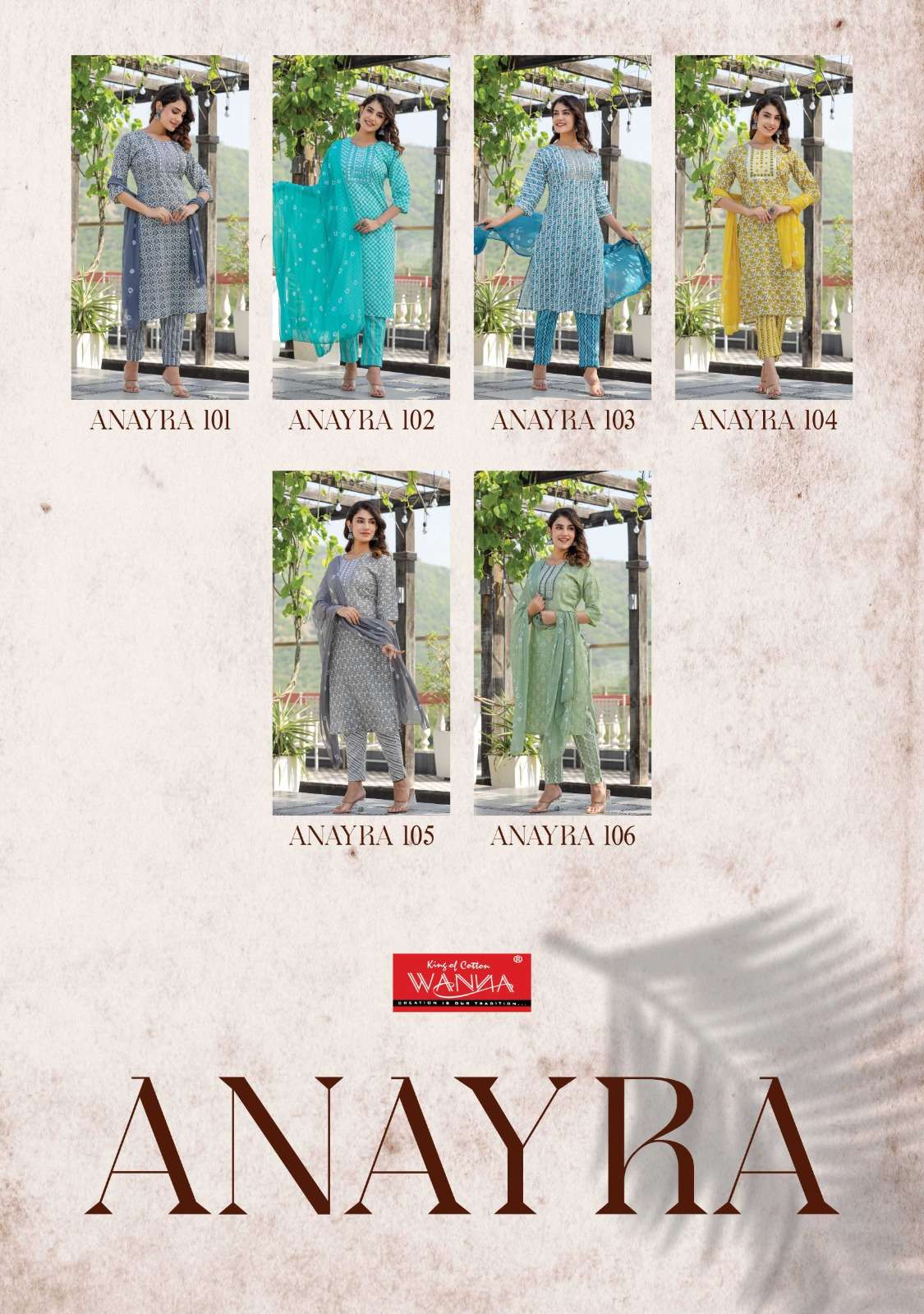 wanna anayra 101-106 series fancy designer top bottom with dupatta catalogue wholesale surat