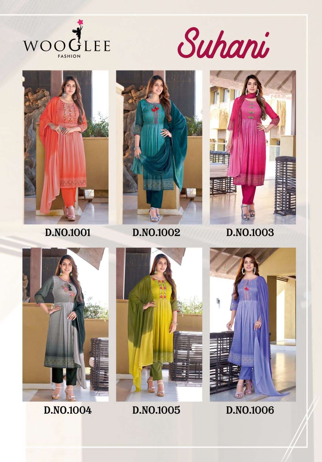wooglee fashion suhani 1001-1006 series decent look designer kurti pant and dupatta catalogue wholesale price surat