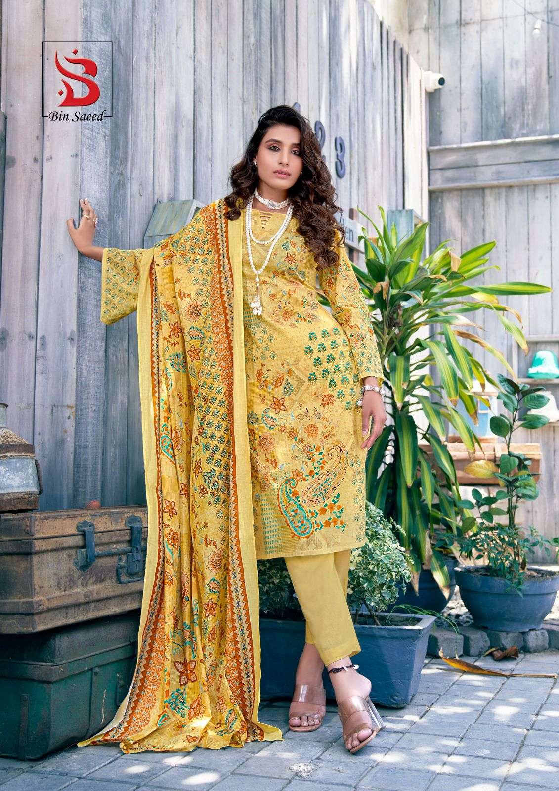 yashika trends bin saeed mahnoor vol-5 5001-5008 series pure lawn designer pakistani salwar suits catalogue design 2023