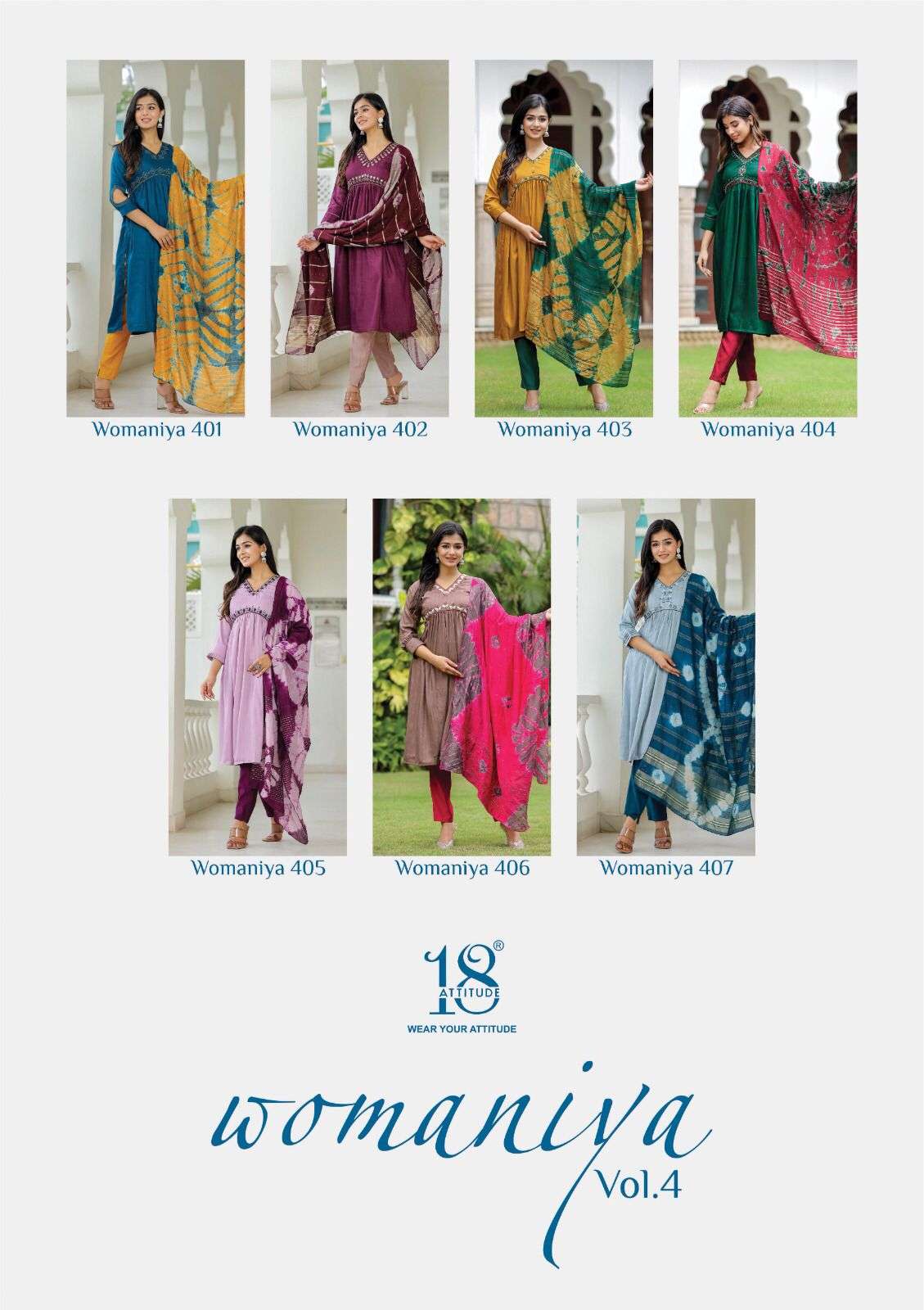 18 attitude womaniya vol-4 401-407 series aaliya cut designer collection wholesale price surat