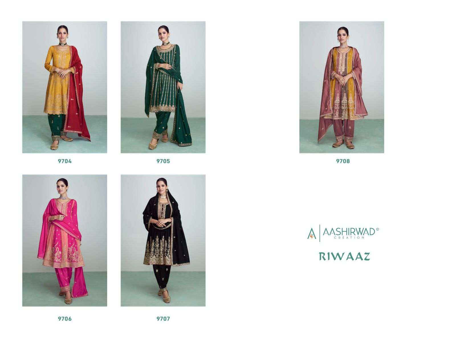 aashirwad creation riwaaz 9704-9708 series premium silk embroidered fancy salwar kameez surat