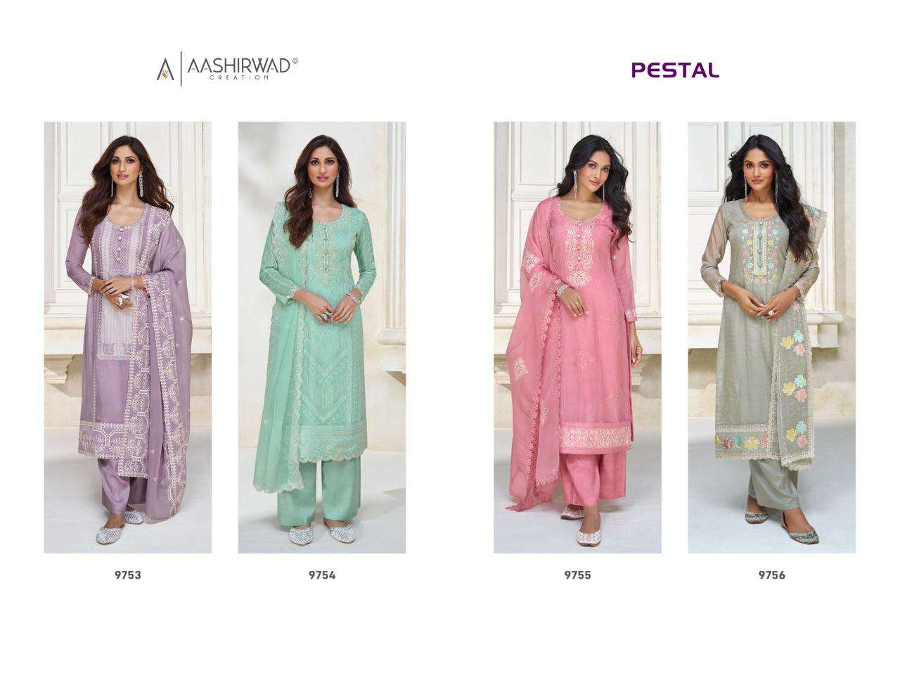 aashirwad pestal 9753-9756 series designer straight cut salwar kameez at wholesale price surat gujarat