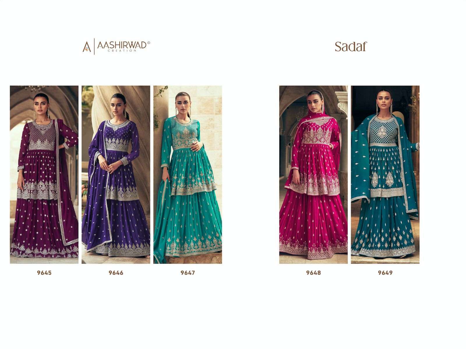 aashirwad sadaf 9645-9649 series latest designer wedding sharara salwar kameez wholesaler surat gujarat