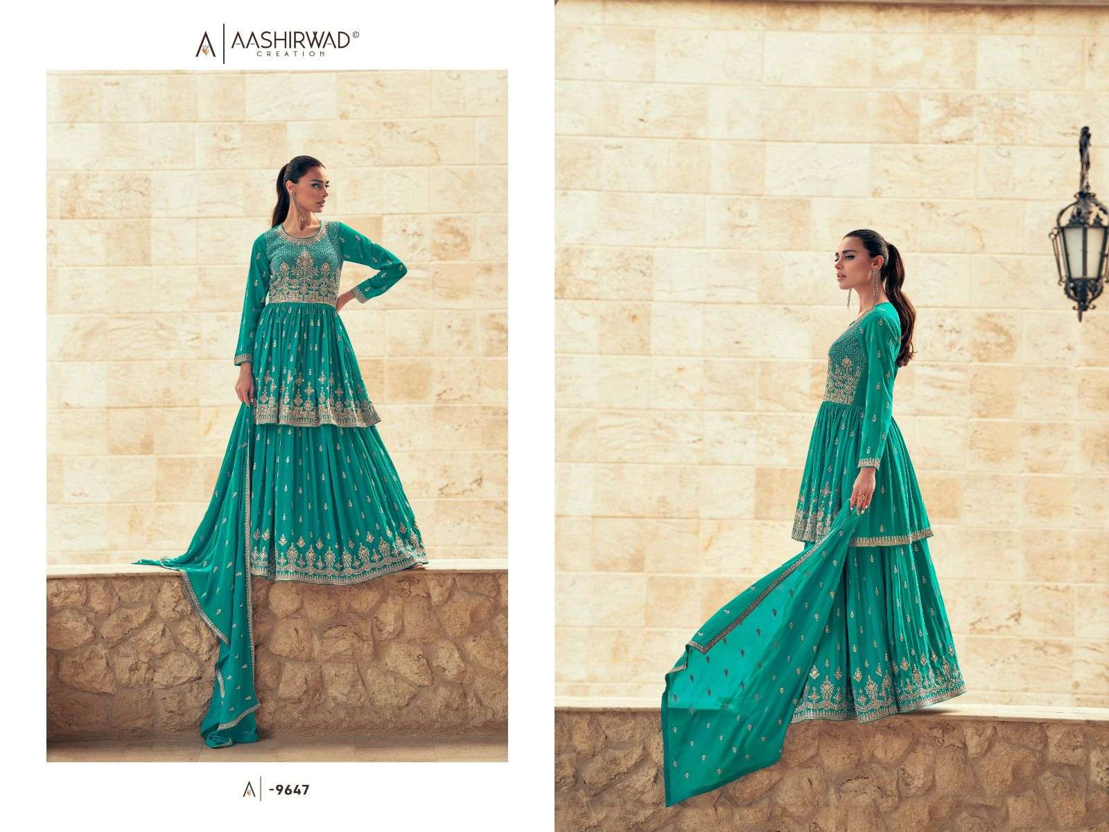 aashirwad sadaf 9645-9649 series latest designer wedding sharara salwar kameez wholesaler surat gujarat