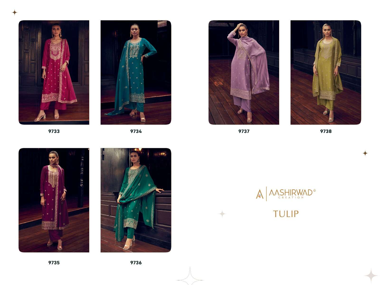 aashirwad tulip 9733-9738 series designer wedding wear salwar kameez wholesaler surat gujarat