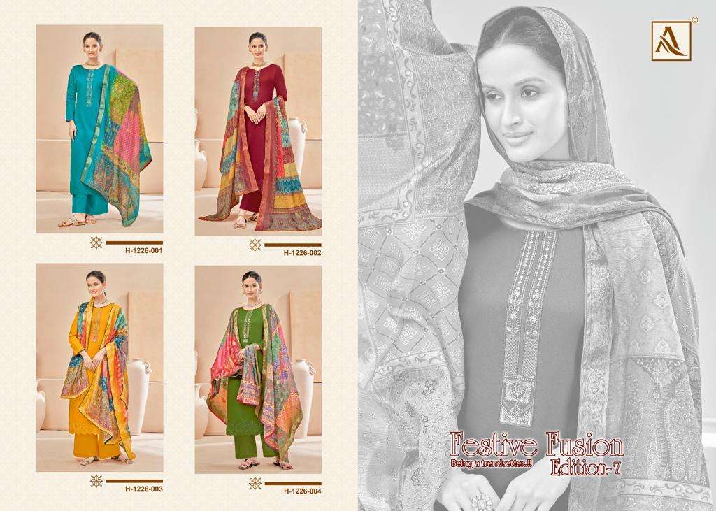 alok festive fusion vol-7 1226-001-004 series designer salwar kameez wholesaler surat gujarat