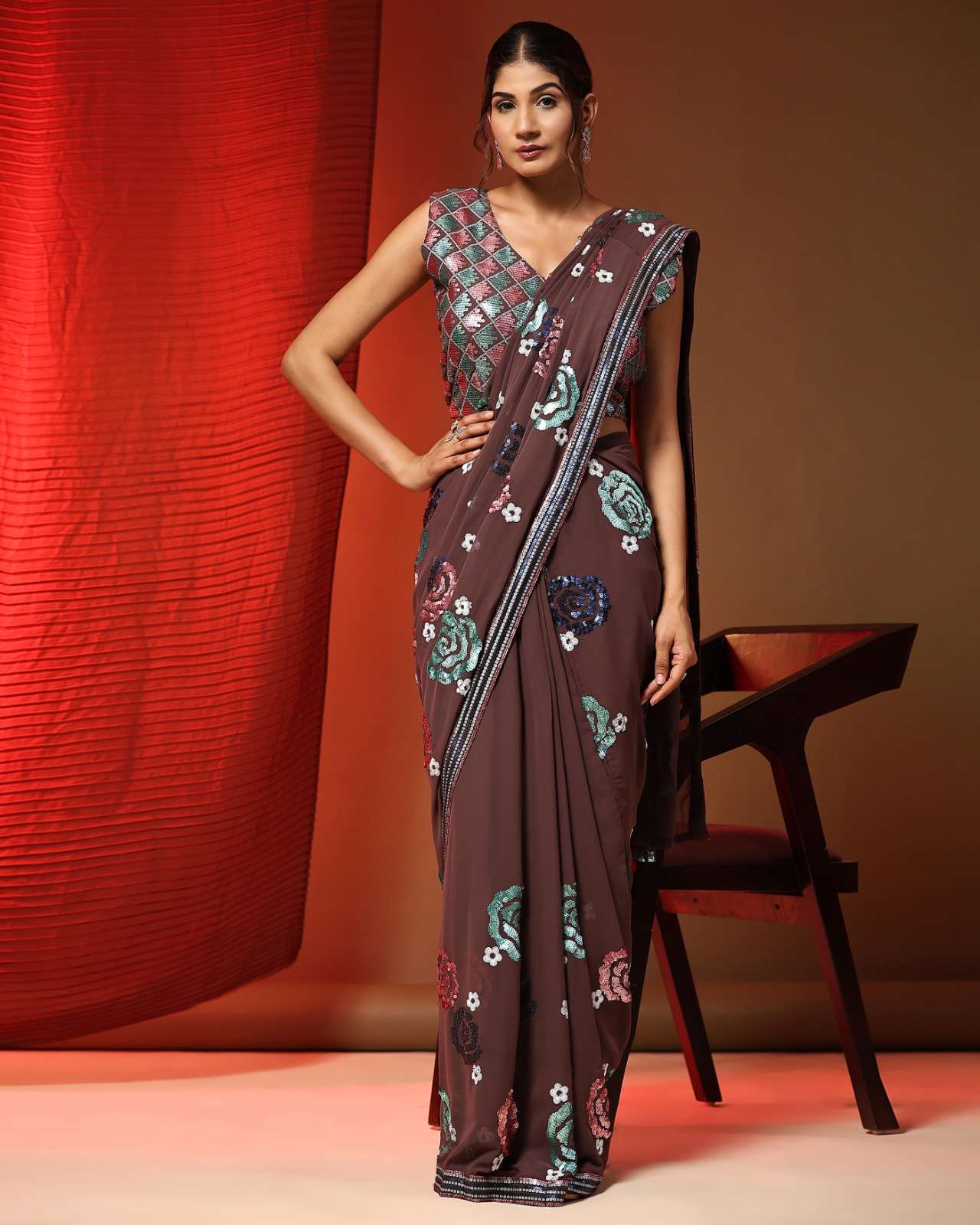 amoha trendz 249 design colours multi sequin embroidery work ready to wear saree wholesaler surat