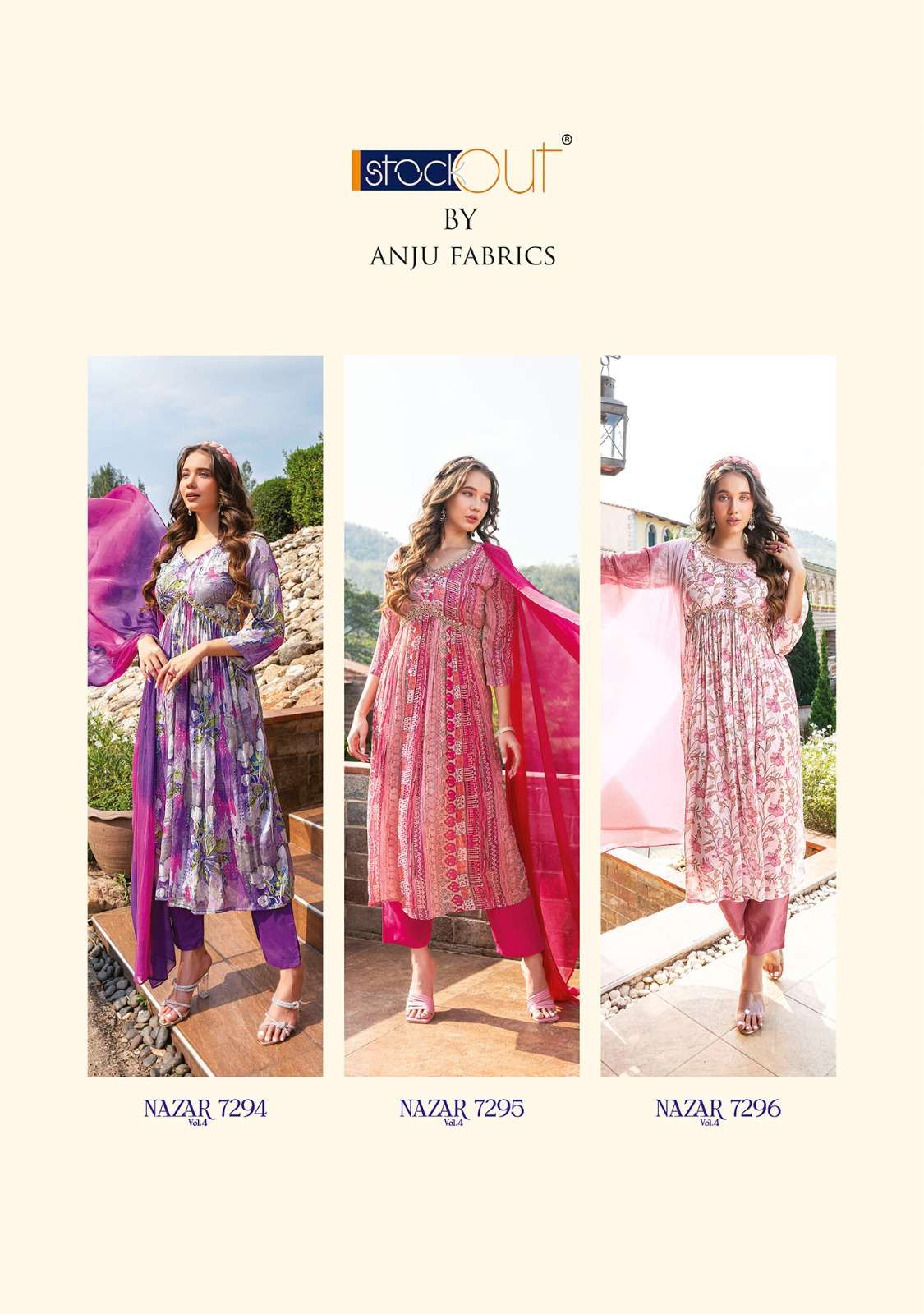 anju fabrics nazar vol-4 7291-7293 series designer fancy nayra cut kurti and dupatta set wholesale price surat