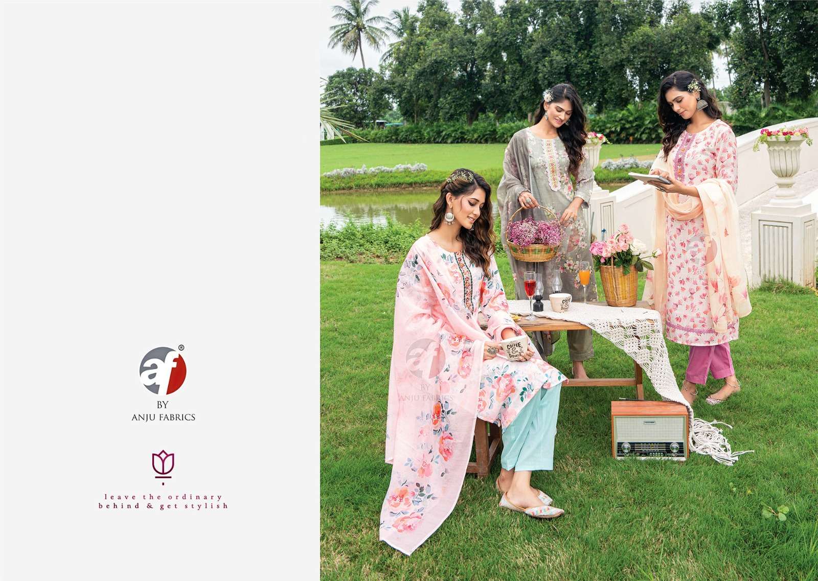 anju fabrics sakhire 3141-3146 series designer fancy kurti set wholesaler surat gujarat