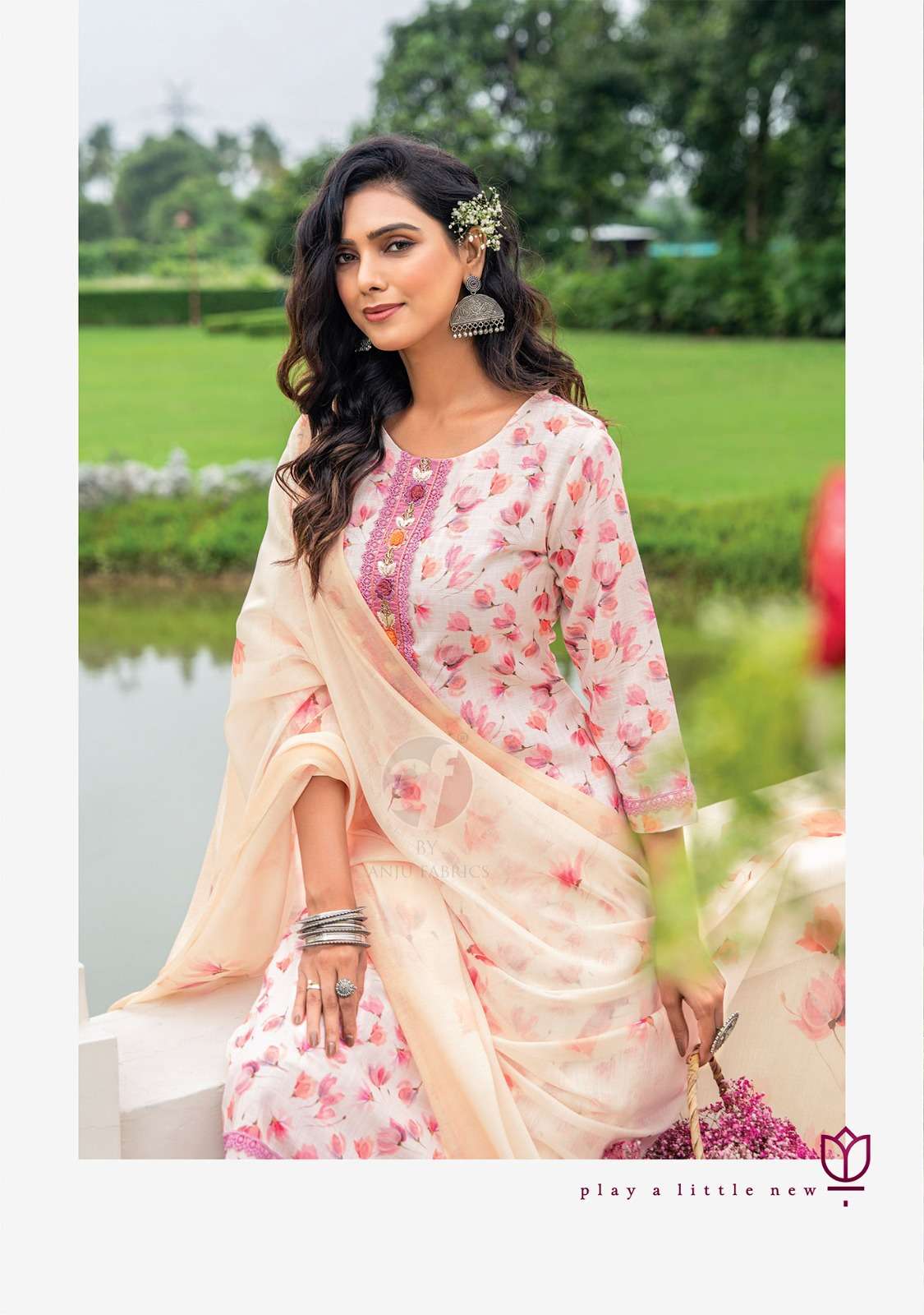 anju fabrics sakhire 3141-3146 series designer fancy kurti set wholesaler surat gujarat