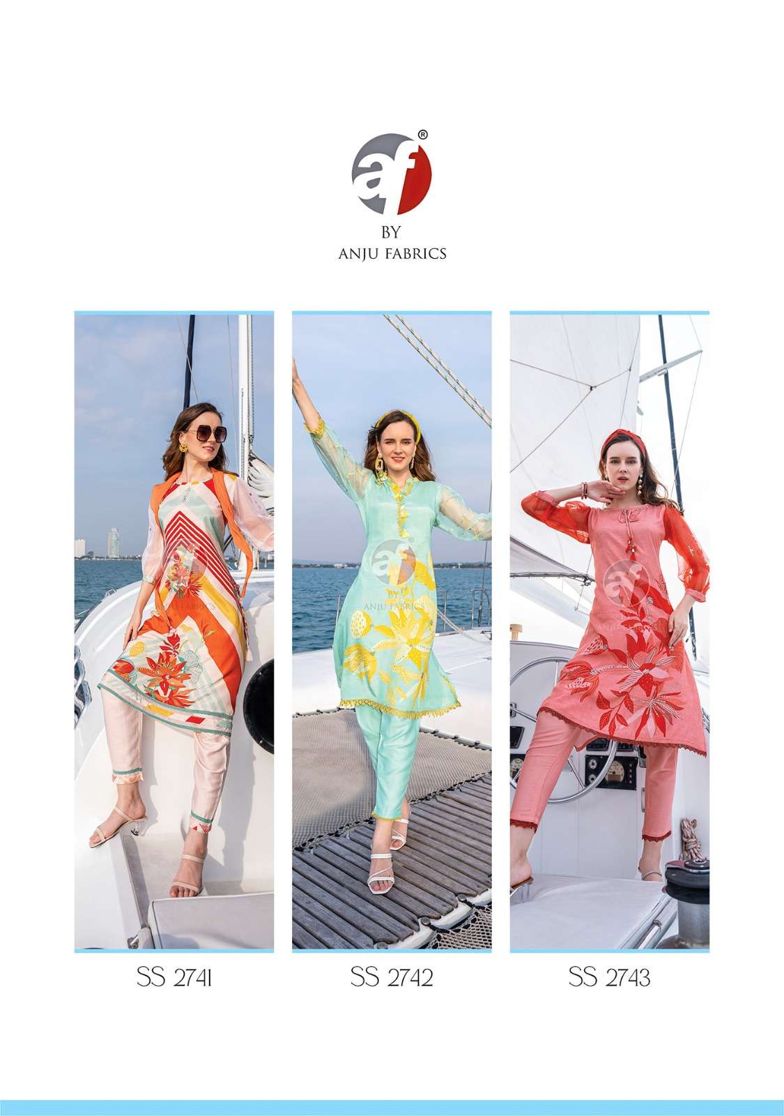 anju fabrics stole story 2741-2745 series latest designer partywear kurti wholesaler surat gujarat