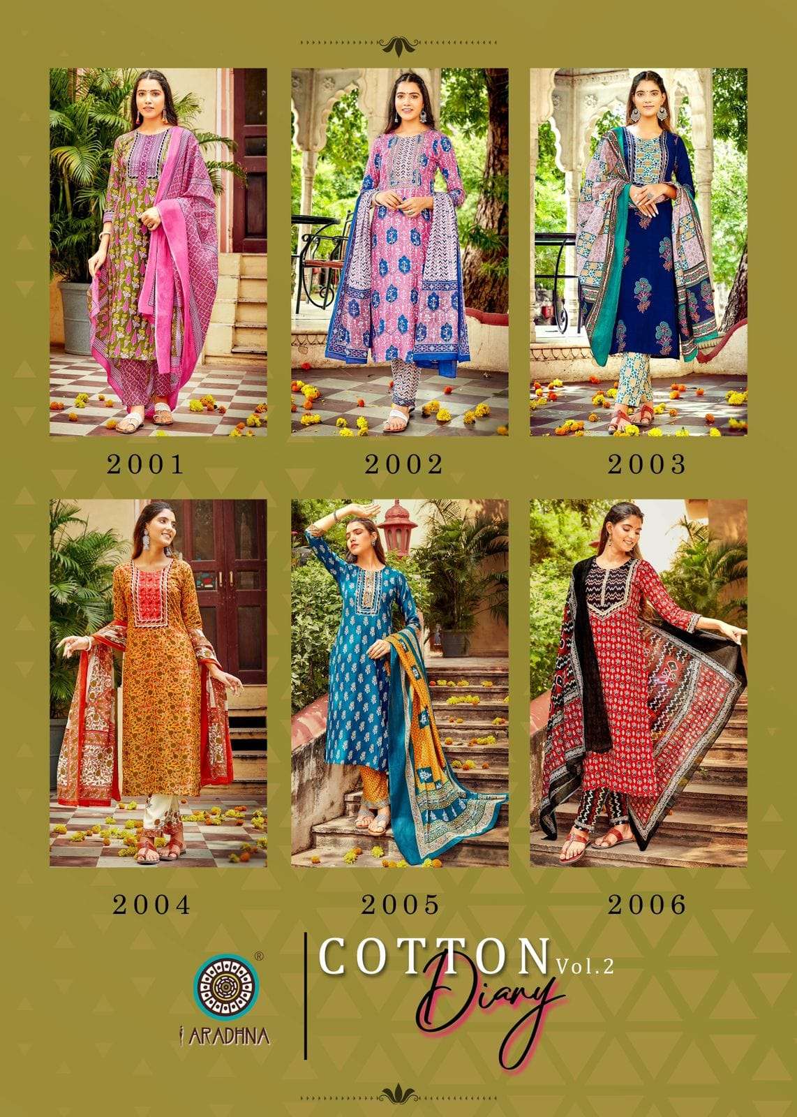 aradhna cotton diary vol-2 2001-2012 series cotton designer kurti with pant and dupatta wholesale price surat