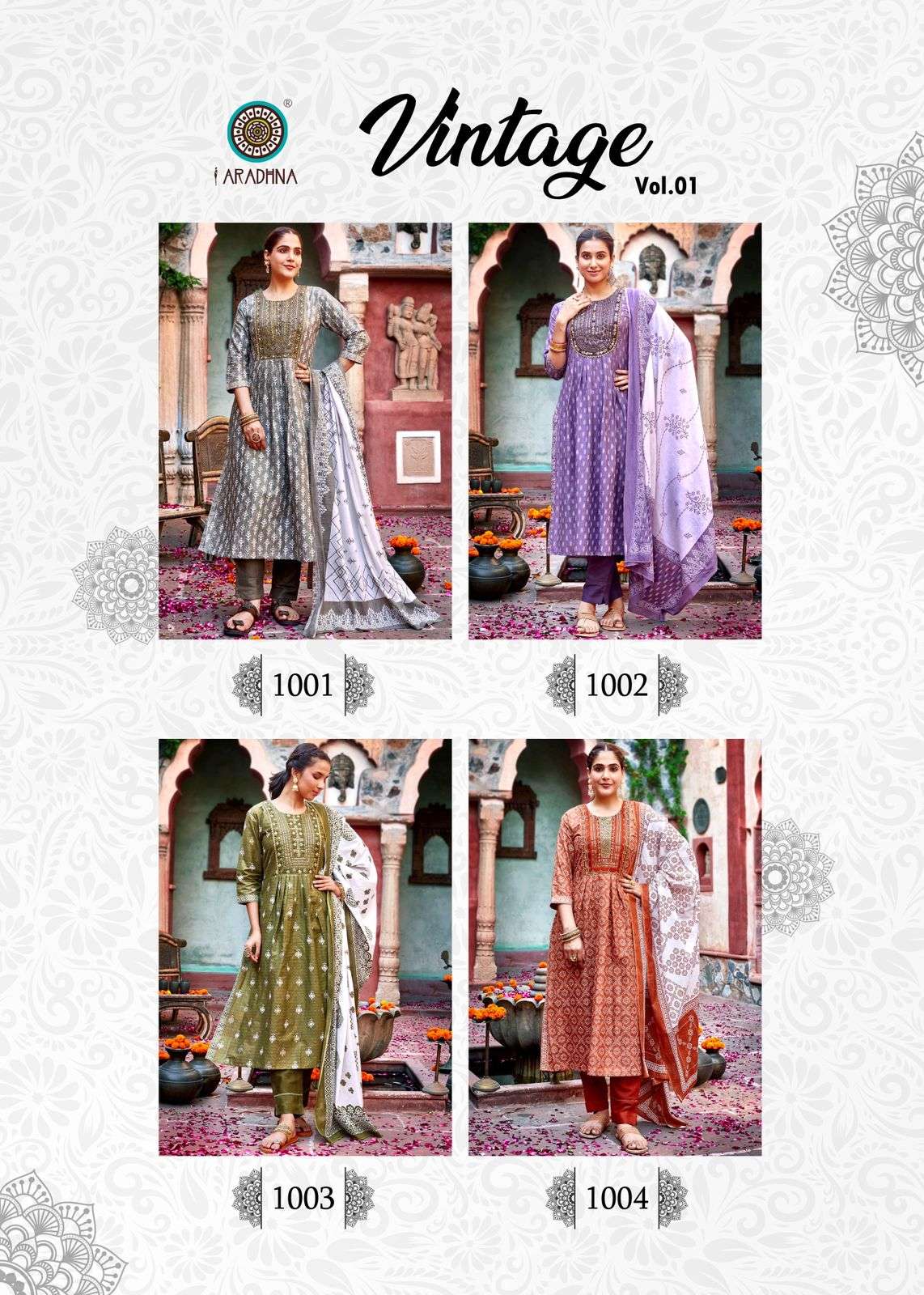 aradhna vintage vol-1 1001-1008 series designer nayra cut kurti set wholesaler surat gujarat