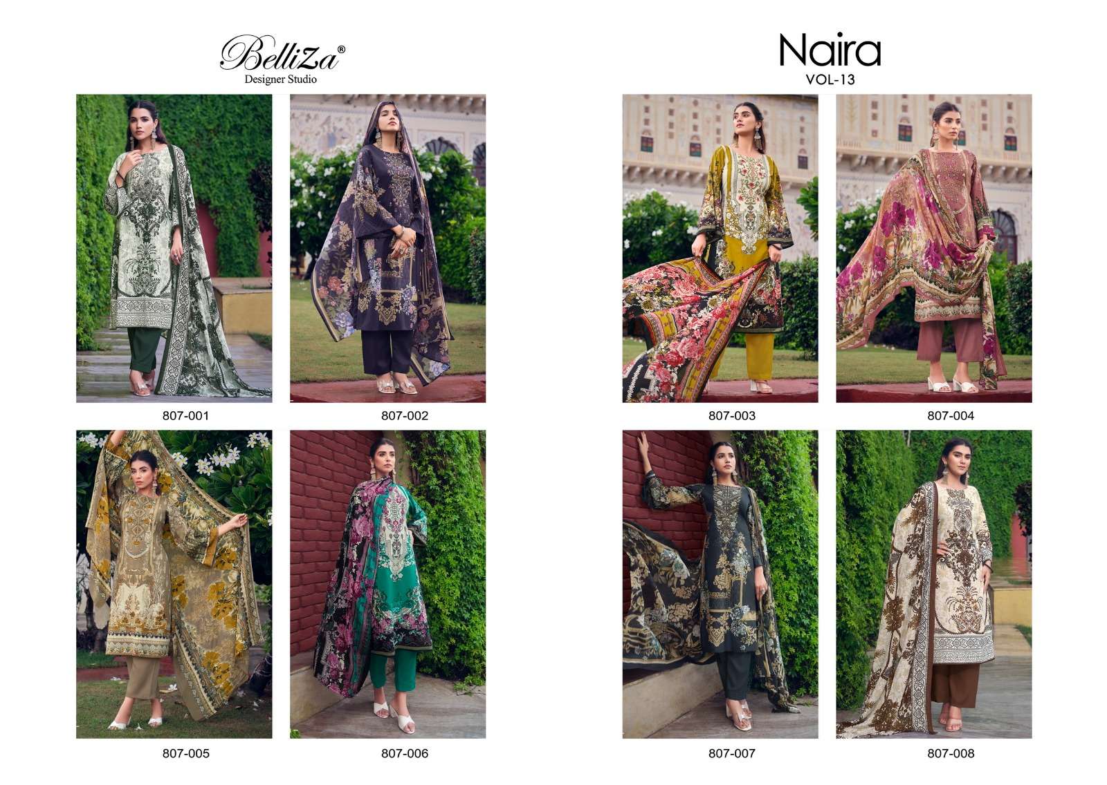belliza naira vol-13 807-001-008 series designer wedding wear pakistani suit wholesaler surat gujarat