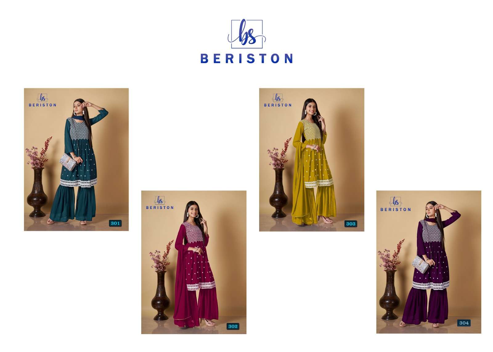 beriston bs vol-3 301-304 series latest wedding wear readymade sharara suit wholesaler surat gujarat
