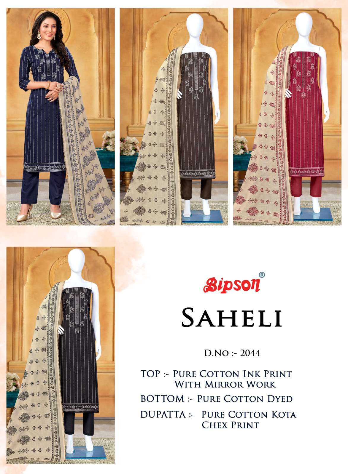 bipson prints saheli 2044 pure cotton embroidered work unstich dress material collection surat